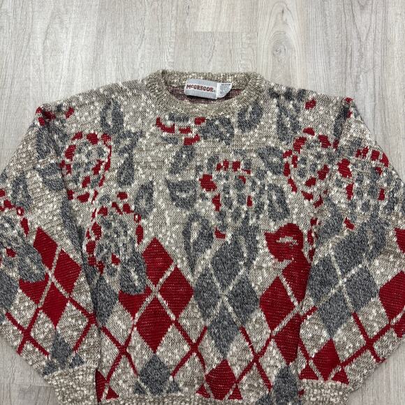 Vintage McGregor Sweater Men's Medium Beige Red Geometric Knit Crewneck 90s - Picture 2 of 6